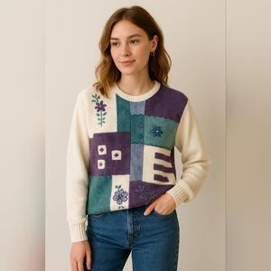 Vintage Patchwork Embroidered Cottagecore Sweater Alfred Dunner